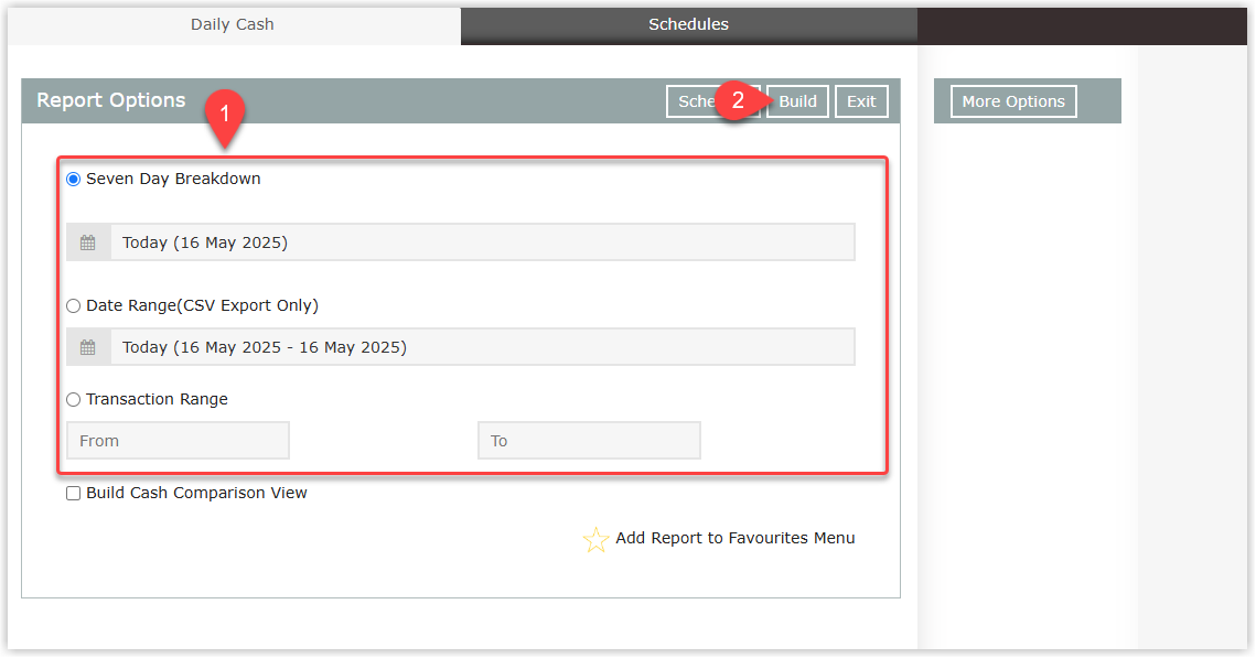 Daily Cash Report screen in RMS showing options to select Date Range, Seven‑Day Breakdown, or Transaction Range, with additional settings under More Options and the Build button used to generate the report of paid charges and Suspense Receipt movements.