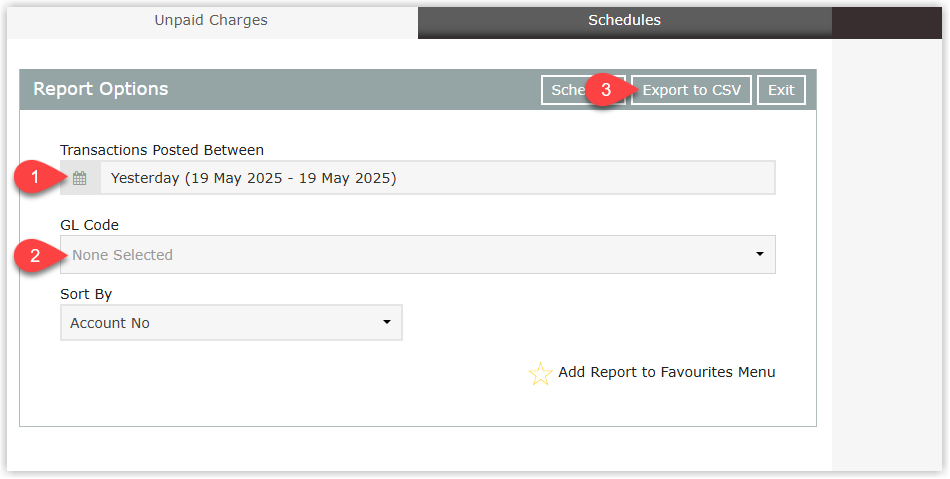 Annotated screenshot of the Unpaid Charges report options in RMS showing the Transactions Posted Between, GL Code, and Sort By fields with the Export to CSV button highlighted