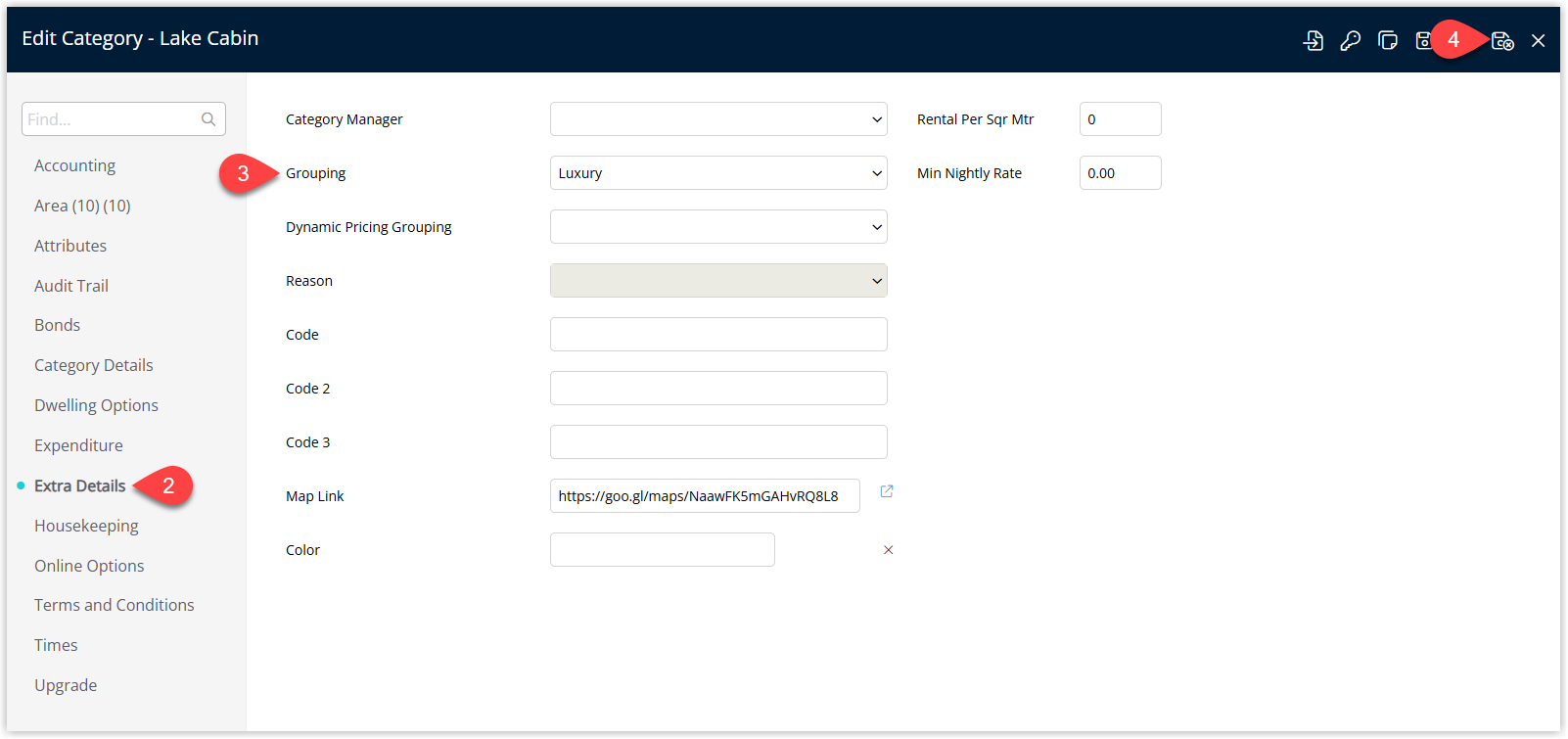 Category configuration window on the Extra Details tab displaying a Grouping dropdown or field with a category grouping selected and a Save/Exit button to apply the grouping to the category