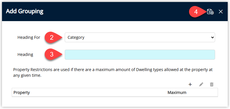 Grouping setup window with Grouping Type set to Category, a Grouping Description field completed, an optional control to enter the maximum number of dwellings and a Save/Exit button to save the new grouping