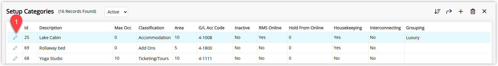 Category/Area setup screen in RMS showing a list of categories with one category highlighted and an Edit button selected to open its details