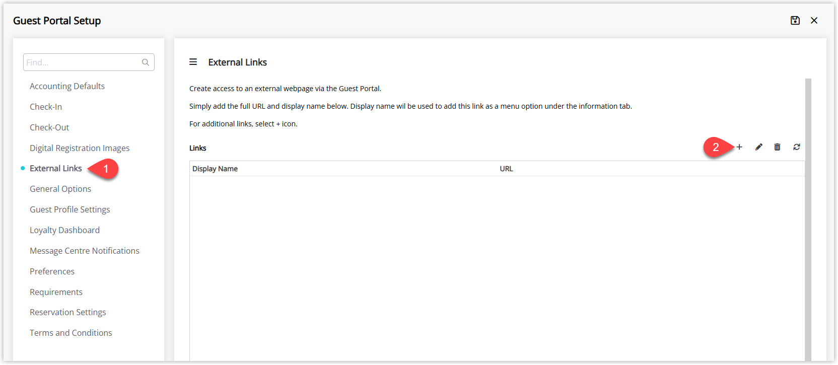 Annotated screenshot of the Guest Portal Setup screen in RMS highlighting the External Links tab and the Add icon