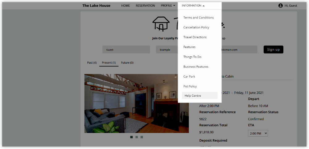 Screenshot of the Guest Portal showing the added external link displayed in the Information menu