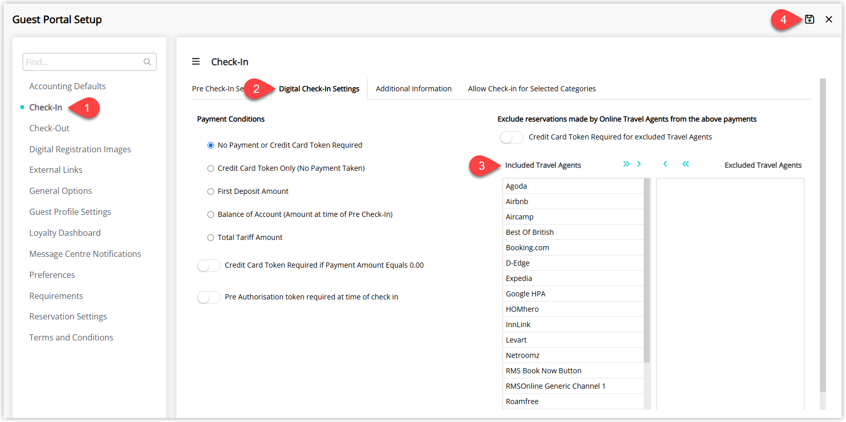 RMS Guest Portal setup screen on the Check-in tab with the Digital Check-In Settings sub-tab selected, showing a list of Travel Agents and the > button used to move selected agents into the Excluded list so their reservations are not prompted for payment, with the Save button highlighted.