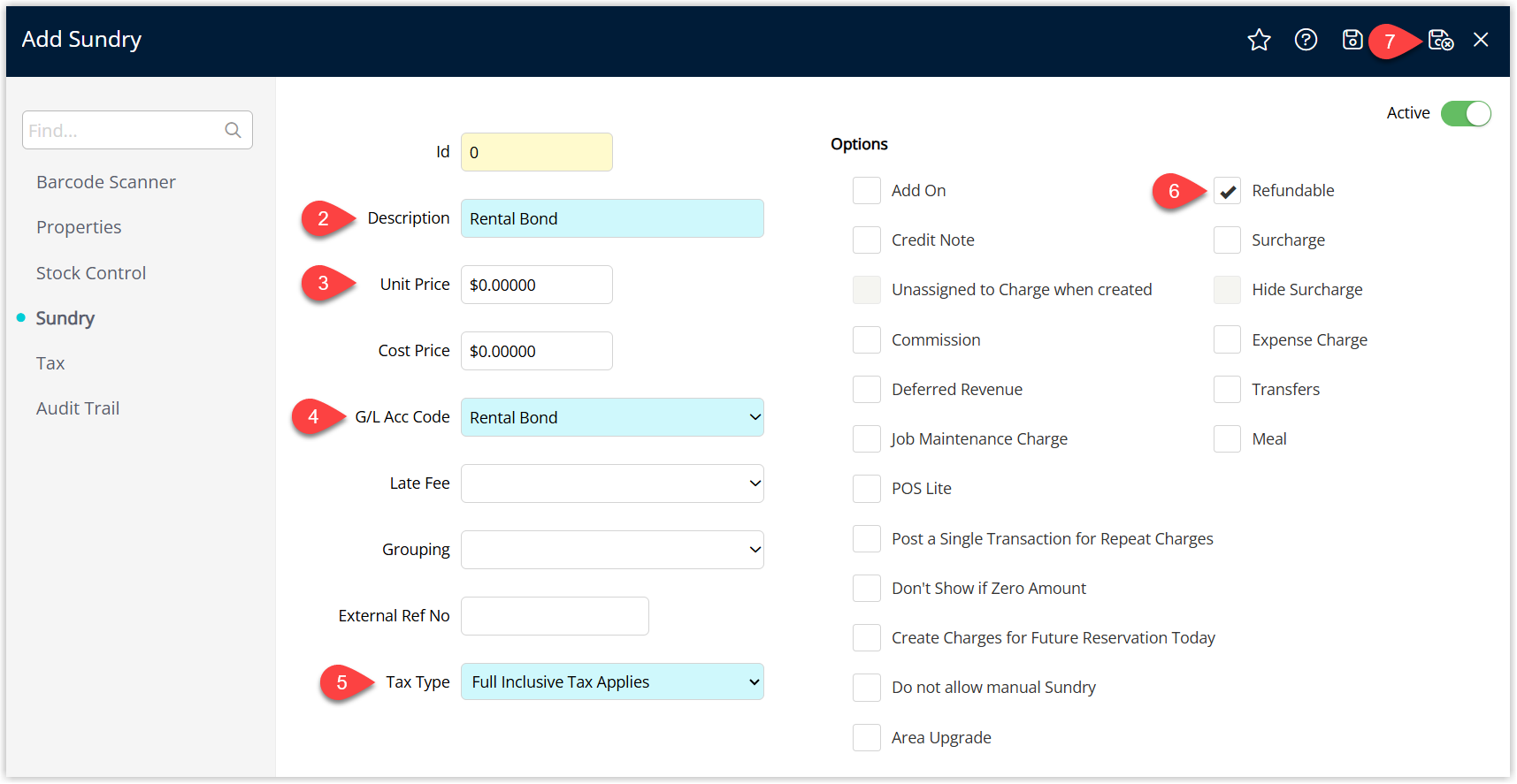Annotated screenshot of the Add Sundry screen in RMS showing a Rental Bond charge with the Description, Unit Price, G/L Acc Code, and Tax Type fields and the Refundable option enabled