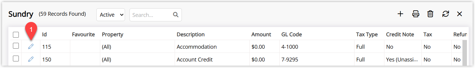 Screenshot of the Sundry Charges list in RMS opened from Setup > Accounting > Sundry with an existing Sundry Charge selected and the Edit icon highlighted.