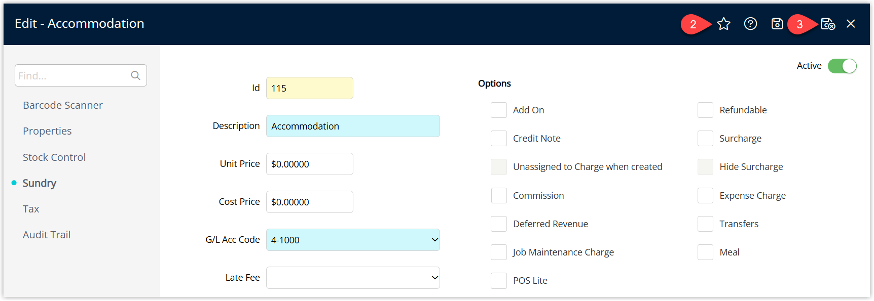 Screenshot of the Sundry Charge edit window in RMS with the favourite icon selected and the Save/Exit button highlighted to save the favourite Sundry Charge.