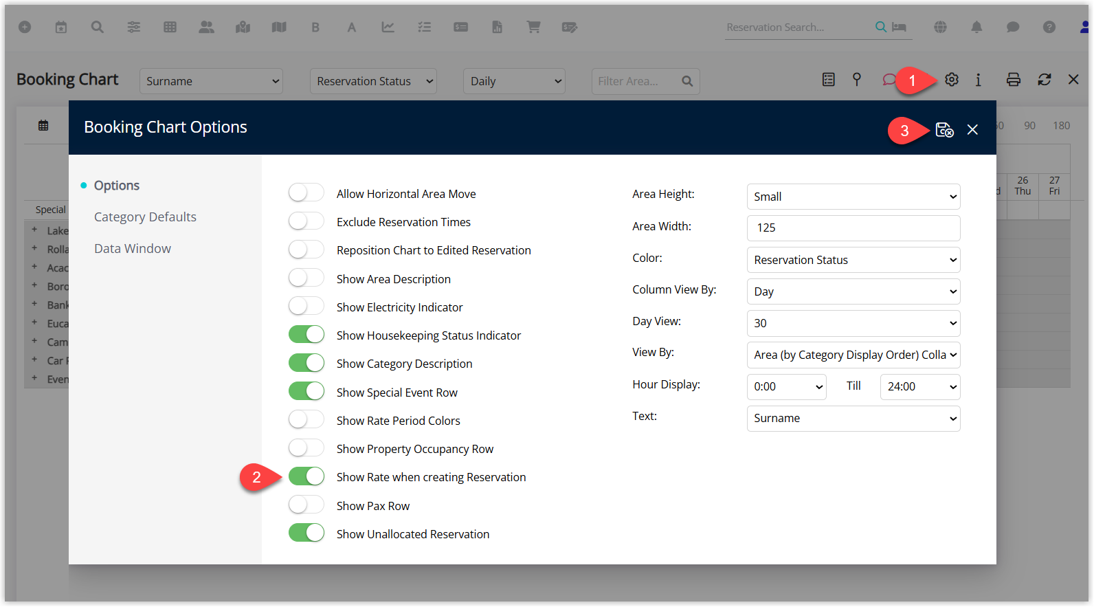 Annotated screenshot of the Booking Chart Options screen in RMS highlighting the Show Rate when creating Reservation toggle and the save icon
