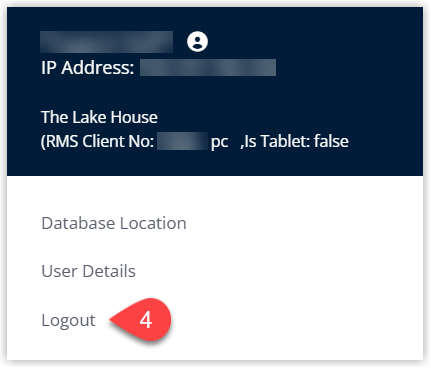 Annotated screenshot of the user account menu in RMS highlighting the Logout option