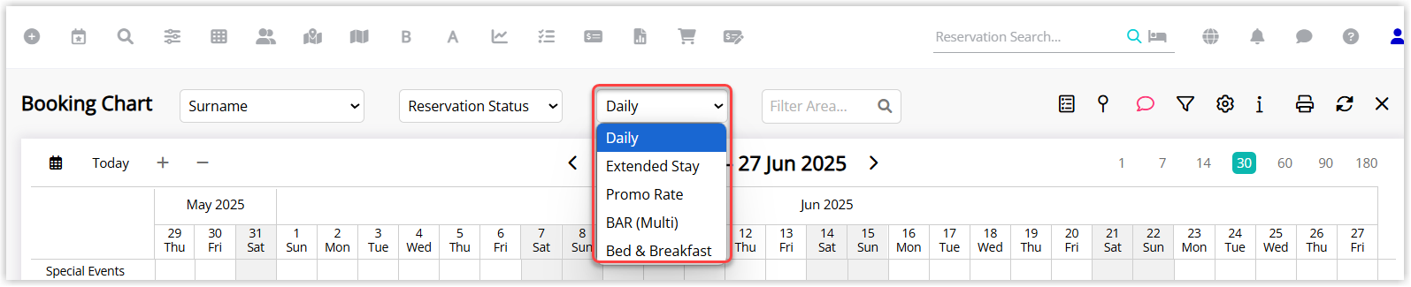 Annotated screenshot of the Booking Chart in RMS highlighting the rate type dropdown showing available rate options