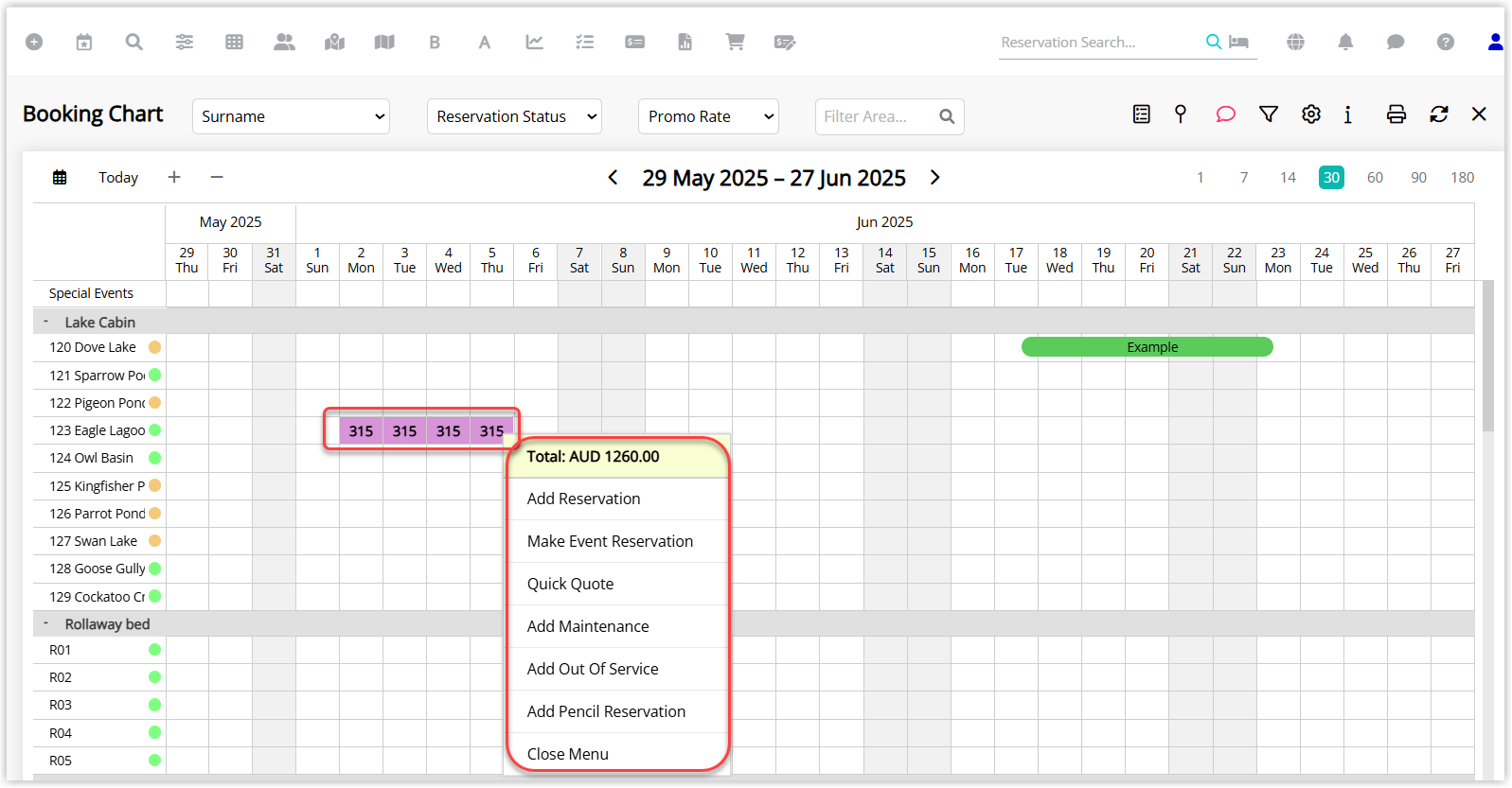 Annotated screenshot of the Booking Chart in RMS highlighting a reservation showing the rate amount and the right-click menu