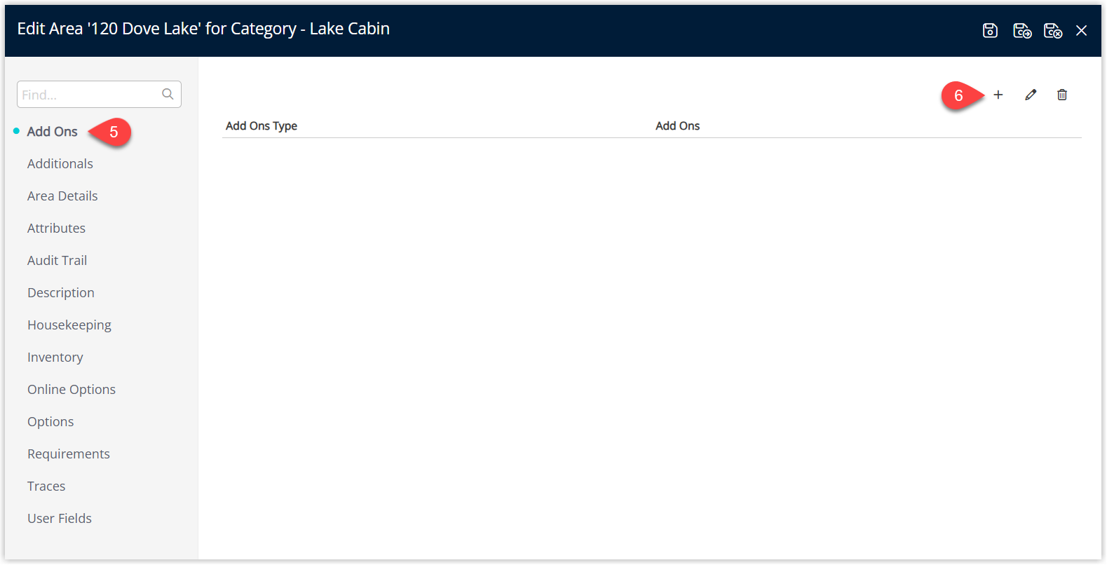 Annotated screenshot of the Edit Area screen in RMS showing the Add Ons tab selected with an empty Add Ons list and the Add button highlighted