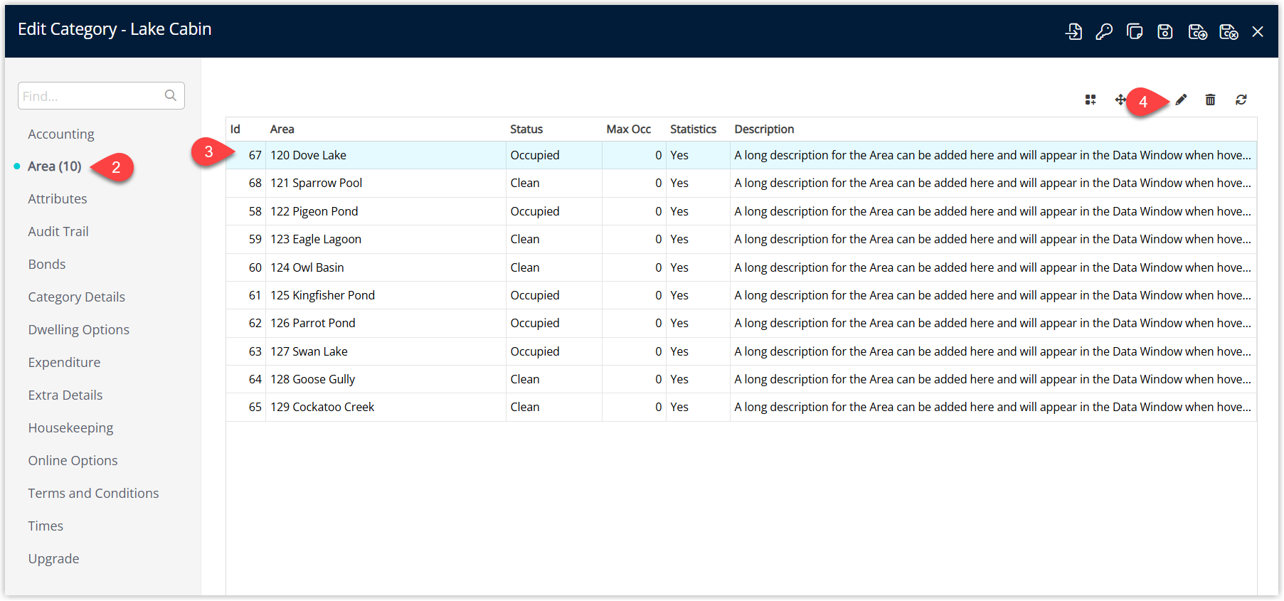 Annotated screenshot of the Edit Category screen in RMS showing the Area tab with the list of areas and the edit icon highlighted