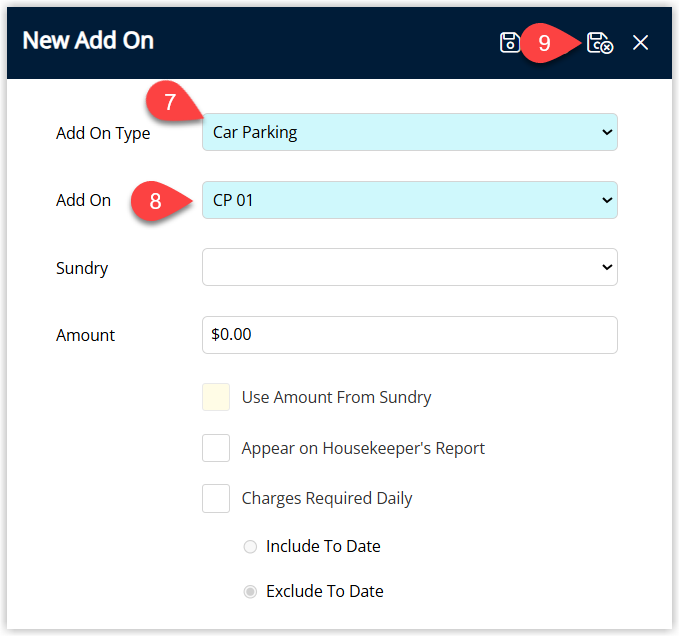 Annotated screenshot of the New Add On screen in RMS showing the Add On Type set to Car Parking and the Add On set to CP 01 with the save button highlighted