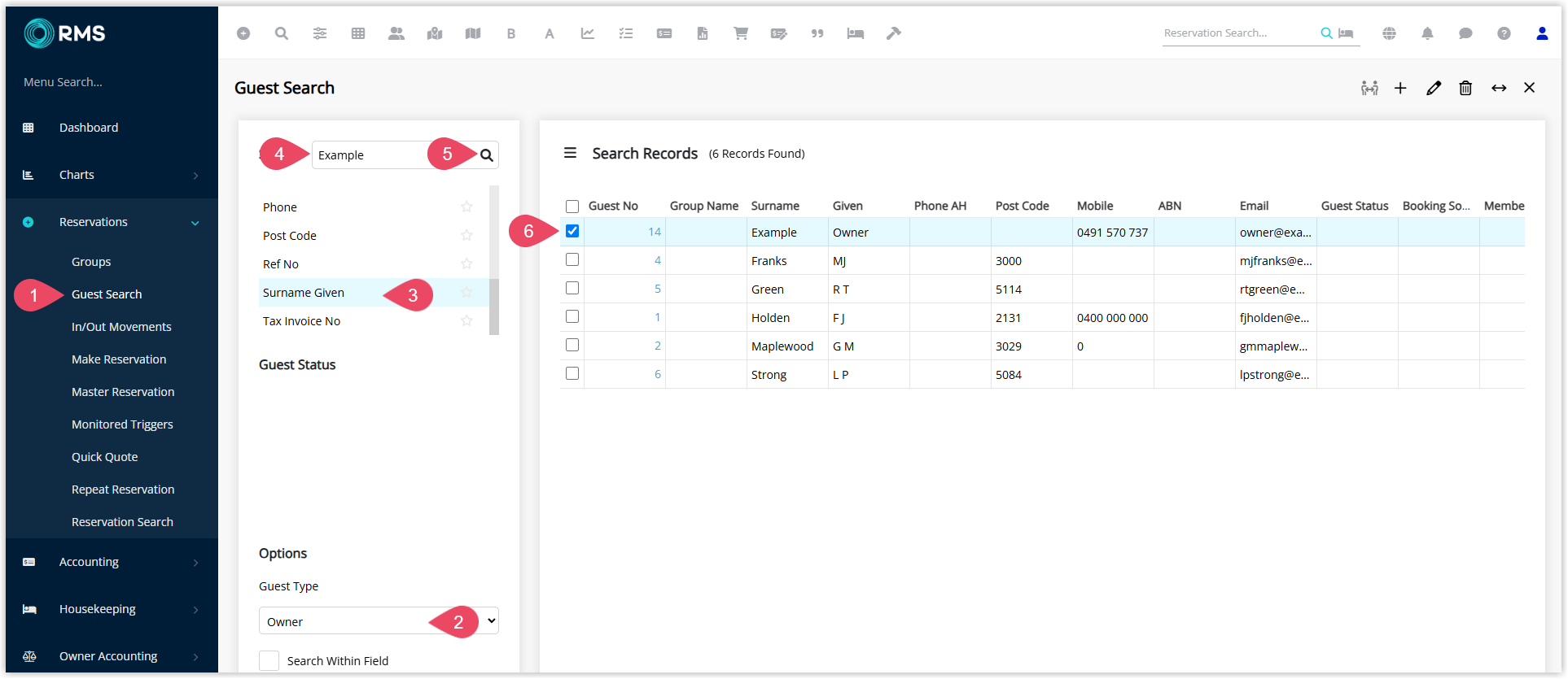 Guest Search screen in RMS with Guest Type set to ‘Owner’, search criteria entered and results displayed, showing an Owner record with an Edit option selected to open the Owner Profile.