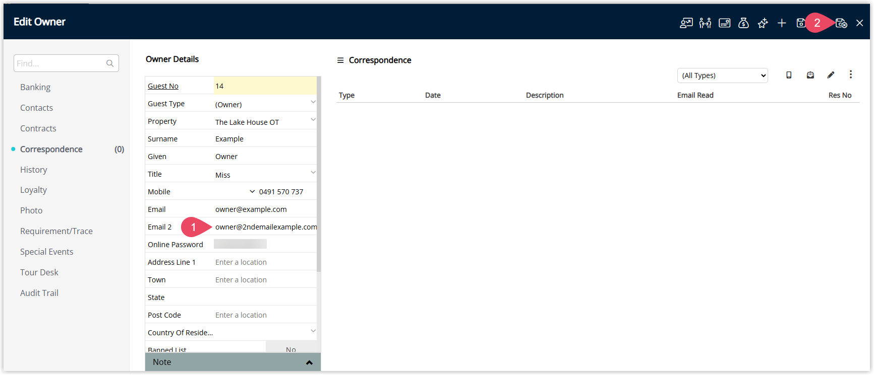 Owner Profile screen in RMS displaying contact details with the Email and Email 2 fields visible, a secondary email address entered in Email 2, and a Save & Exit button to store the updated owner contact information.
