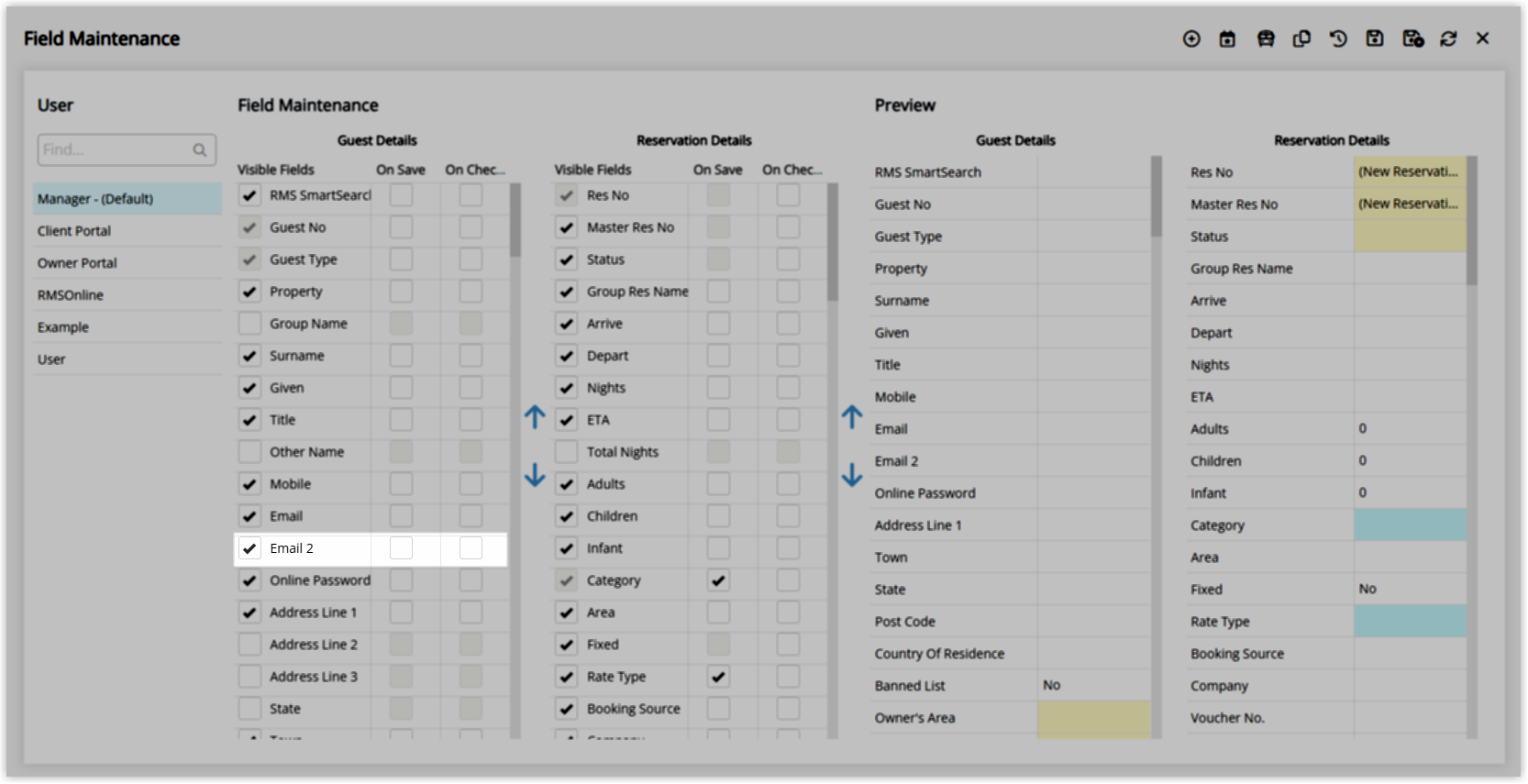 Field Maintenance screen in RMS showing a list of profile fields, including an ‘Email 2’ field with a Visible checkbox ticked to make the secondary email field appear on Owner Profiles.