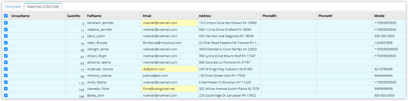Report Writer search results showing matching records in a table.