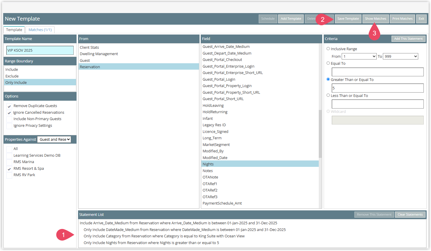 Advanced search results in Report Writer showing guest records in a table.