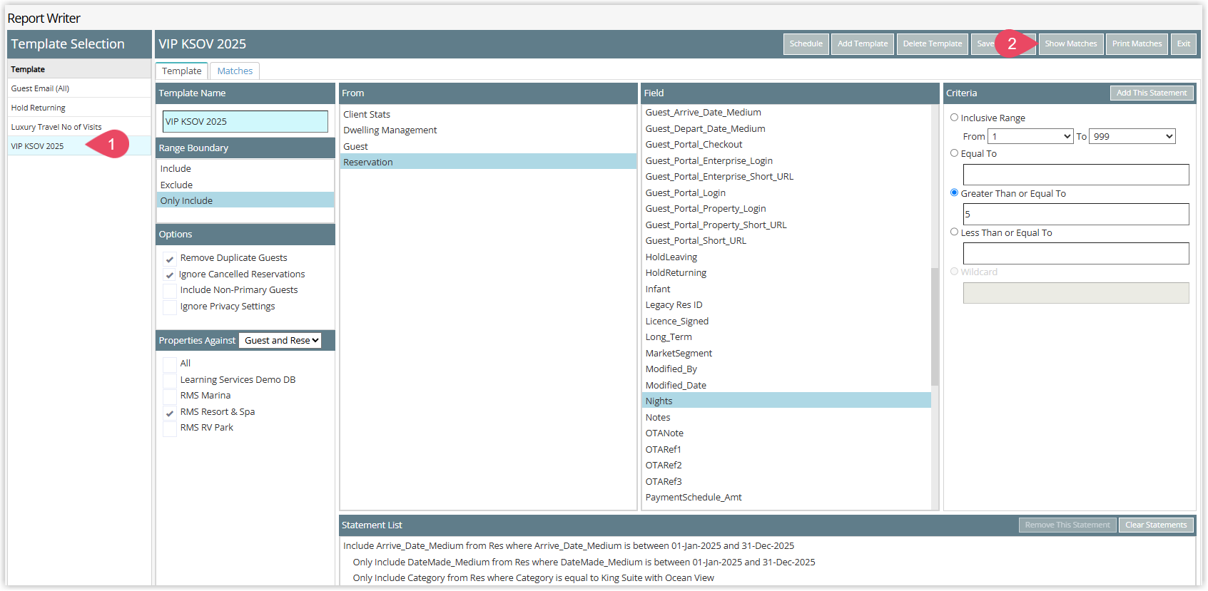 Report Writer main screen with a saved template selected and results displayed.