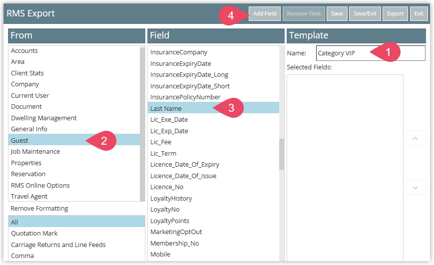 Report Writer export template setup screen selecting fields to include in the export