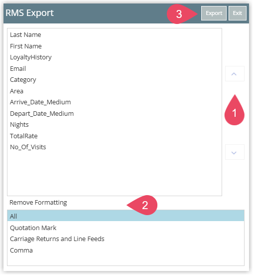 Report Writer export configuration dialog with field order and formatting options.