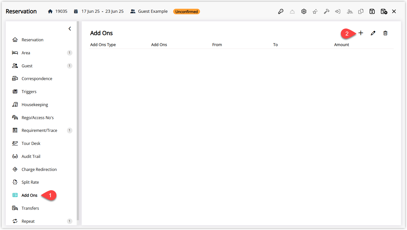 Screenshot of a reservation in RMS with the Add Ons menu or tab selected and the Add button highlighted to create a new Add On reservation for the guest.