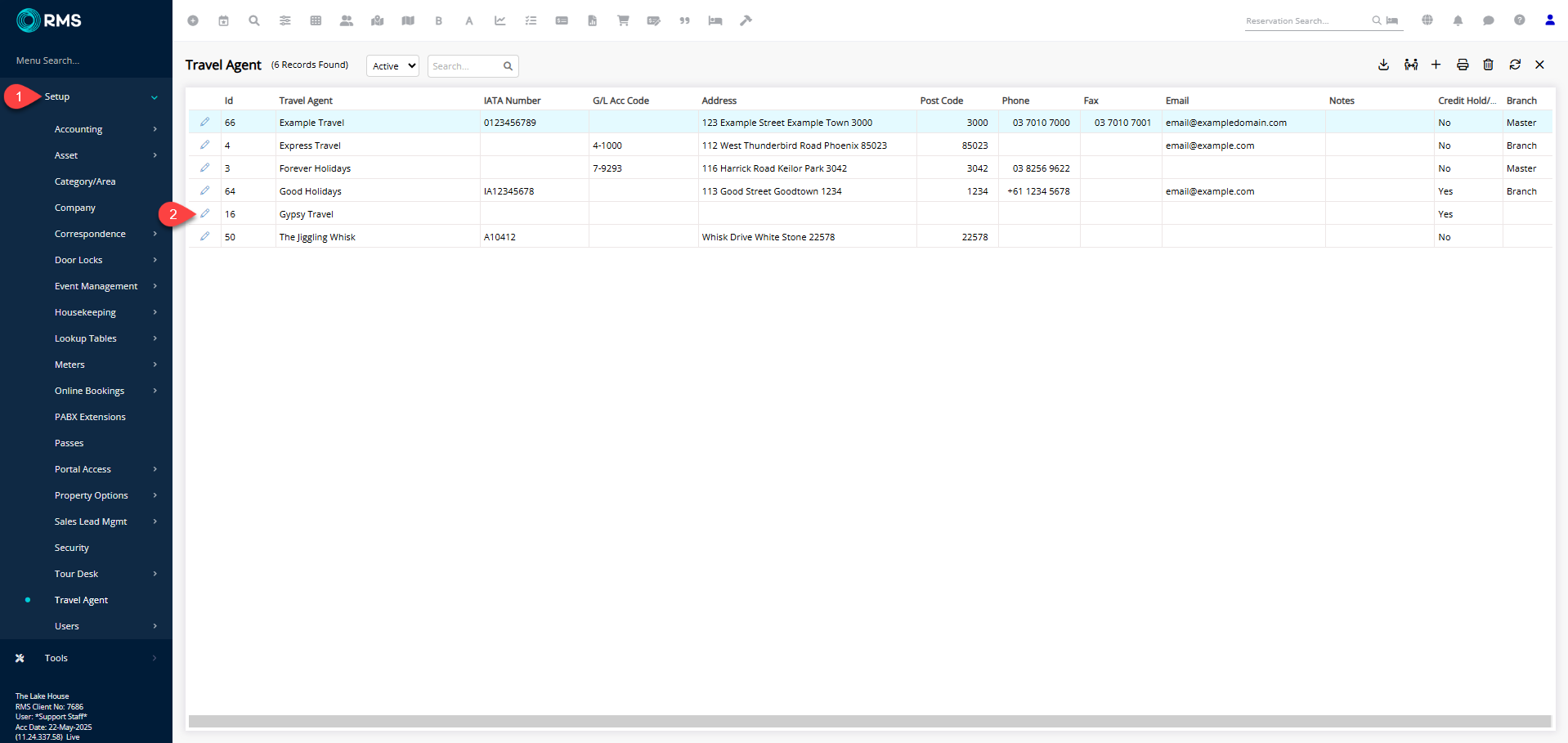 Screenshot of the Travel Agent list in RMS showing multiple agents with one agent highlighted and the Edit option used to open that agent’s setup.