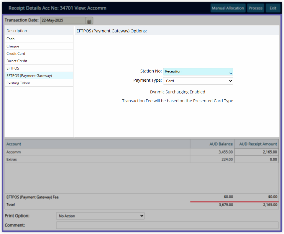 Screenshot of an RMS reservation account showing outstanding charges and the Transactions menu used as the starting point to process a receipt.