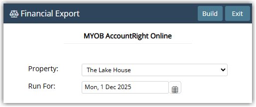 RMS Financial Interface screen showing the Property selector, an Accounting Date field set to the required date, the MYOB AccountRight Online interface selected, and the Build button highlighted with a results grid listing ledger movements that will be included in the financial export for that date.