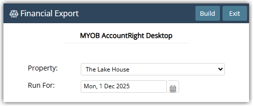 RMS Financial Interface screen showing the Property selector, an Accounting Date field set to the required date, the MYOB AccountRight Desktop interface selected, and the Build button highlighted, with a results grid listing ledger movements that will be included in the exported .txt file for import into MYOB AccountRight Desktop.