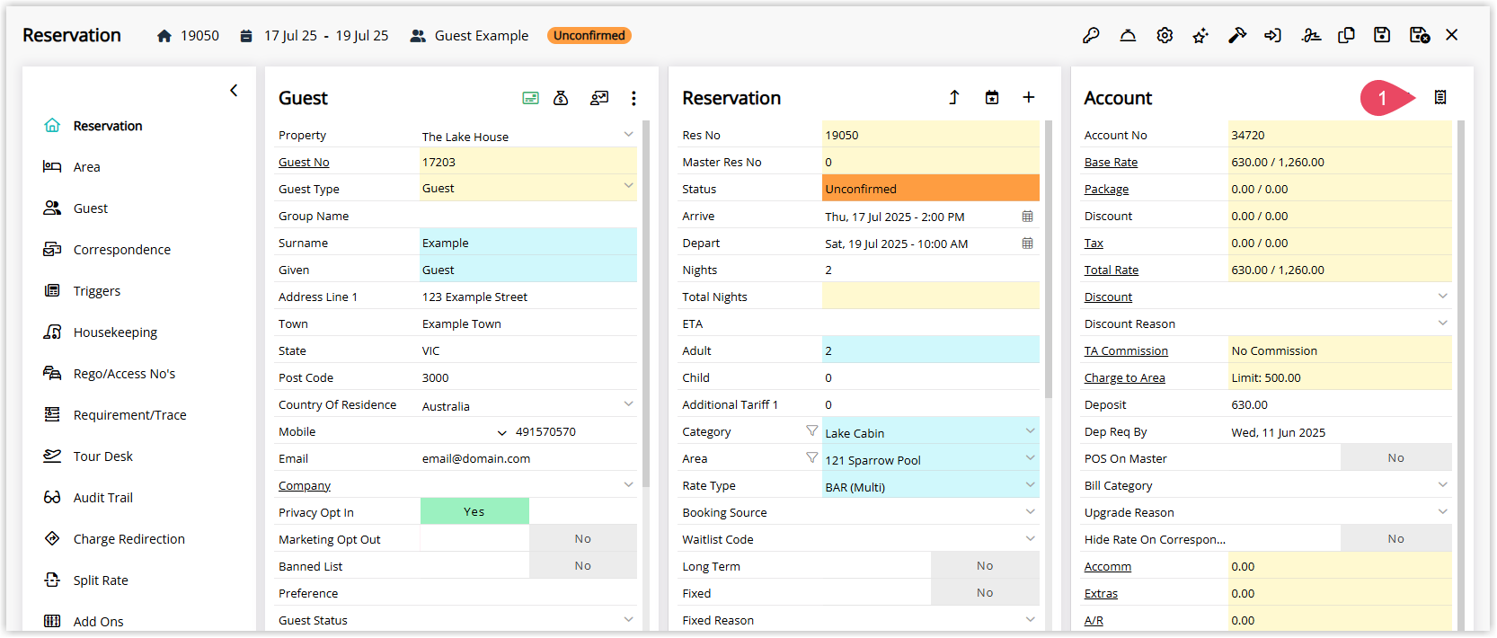 Screenshot of the Transactions menu on an RMS account with the Receipt option highlighted to open the receipt processing window.