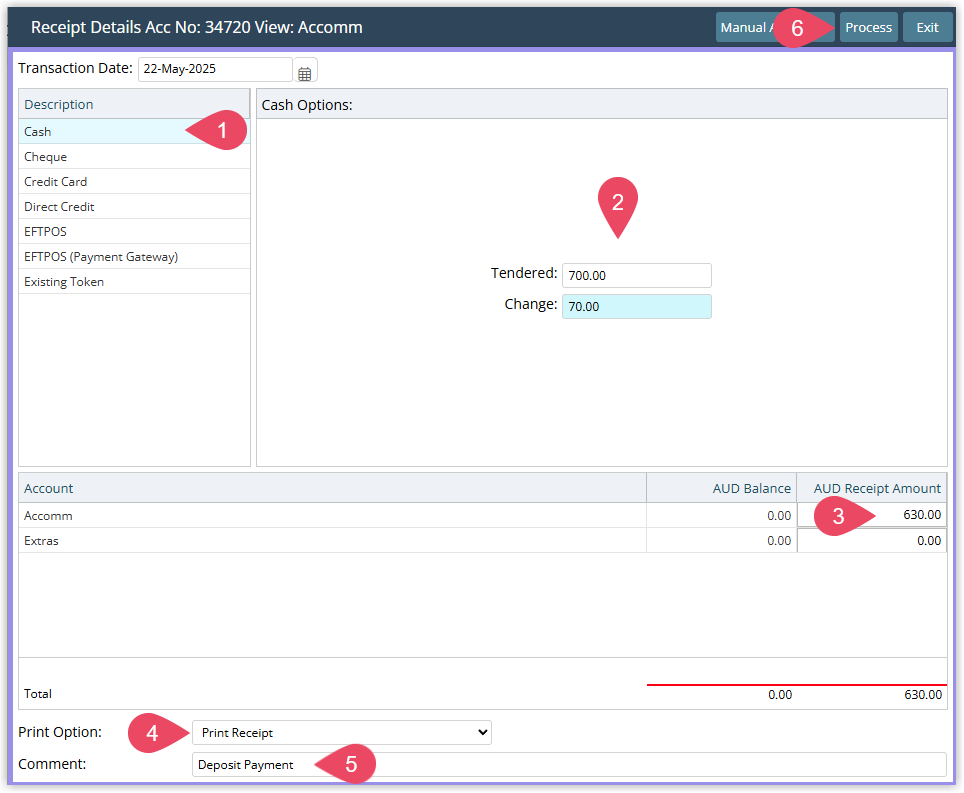 Screenshot of the Receipt window in RMS showing fields to select the payment method, enter the receipt amount and apply the payment to the guest account.