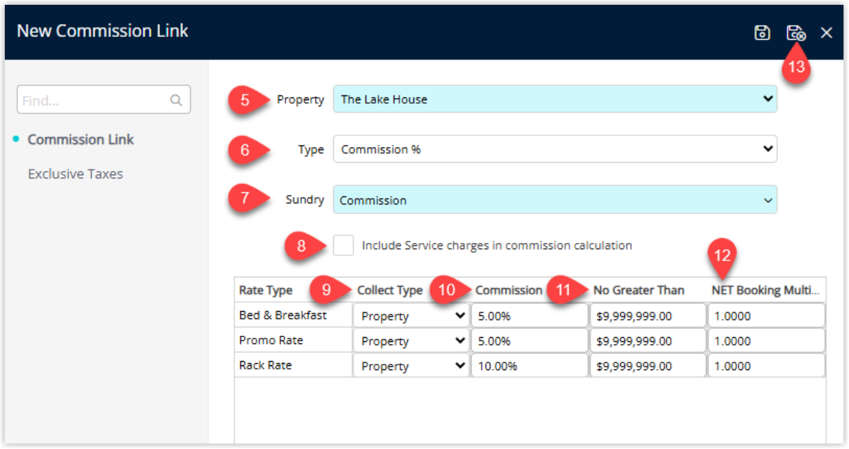 Screenshot of the Commission tab for a Travel Agent in RMS showing fields for Property, Commission Type, Sundry Charge, an optional Include Service Charges in Commission Calculation checkbox and a grid listing Rate Types with columns for Collect Type, Commission Amount, Commission Cut Off Amount and NET Booking Multiplier, with a Save/Exit button highlighted to save the commission setup.