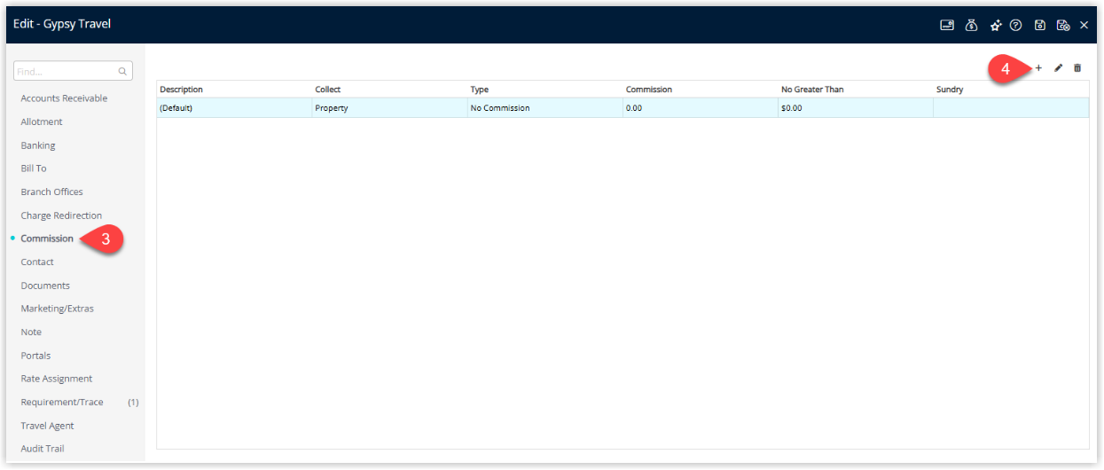Screenshot of a Travel Agent setup window in RMS with the Commission tab selected, displaying an empty or existing commission list and the Add button highlighted to create a new commission rule for the agent.
