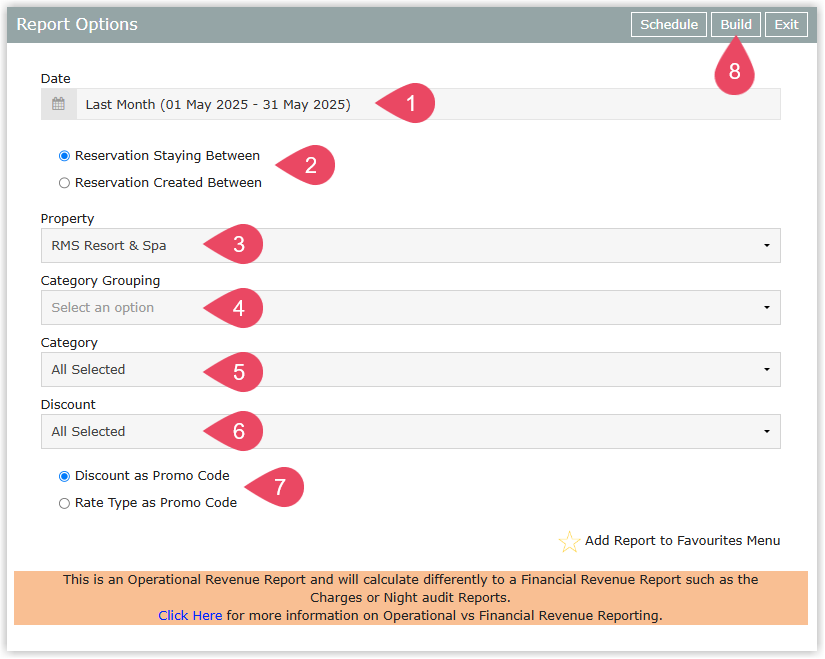 Promo Code Report criteria screen in RMS showing Date Range, Reservation Filter, optional Property and Category filters, Discount selection, Promo Code options, and the Build button to generate the report.