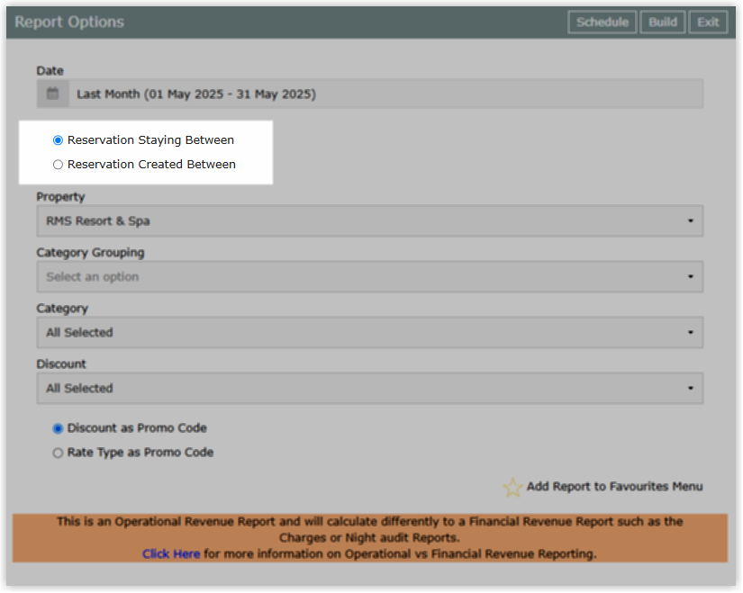 Reservation Filter options on the Promo Code Report screen in RMS, showing Reservations Staying Between and Reservations Created Between as filter choices.