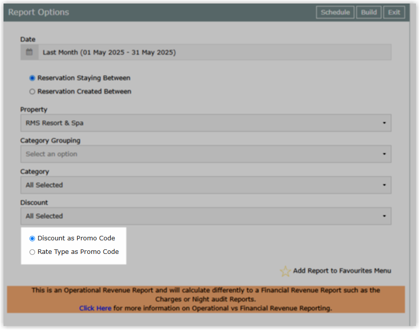 Promo Code filter options on the Promo Code Report screen in RMS, with choices for Discounts as a Promo Code and Rate Types as a Promo Code.