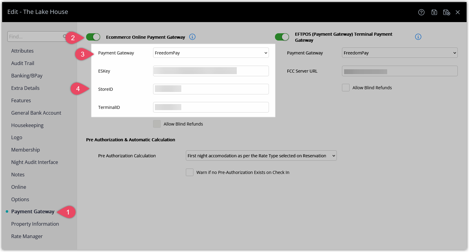 Property Information screen in RMS on the Payment Gateway tab showing Ecommerce Online Payment Gateway enabled, FreedomPay selected as the payment gateway, and fields for ESKey, Store ID, and Terminal ID completed.