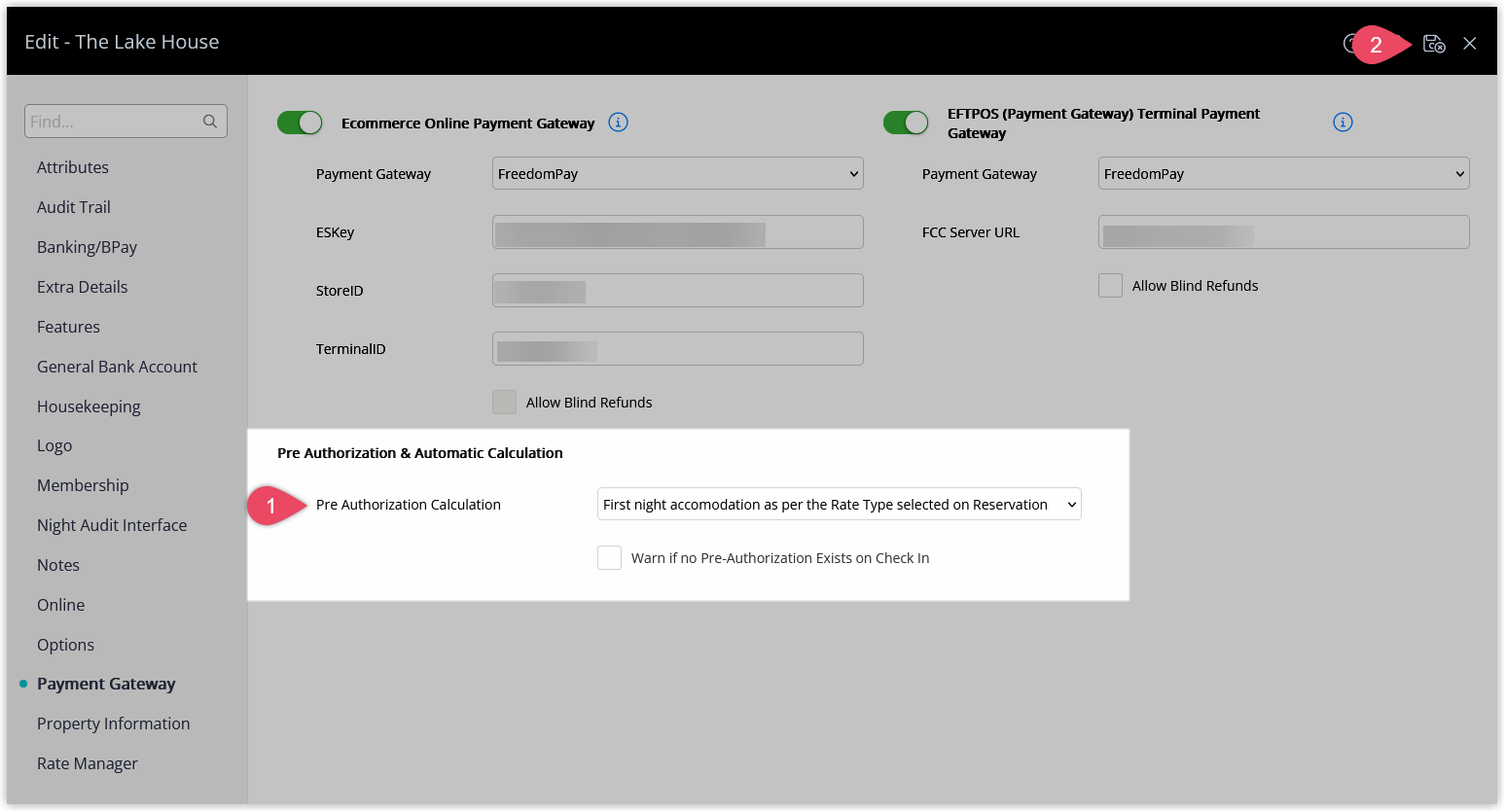 RMS Payment Gateway settings for FreedomPay showing the Pre Authorisation options, optional Warn if no Pre‑Authorisation exists on Check‑in checkbox, and the Save/Exit button to save gateway configuration.