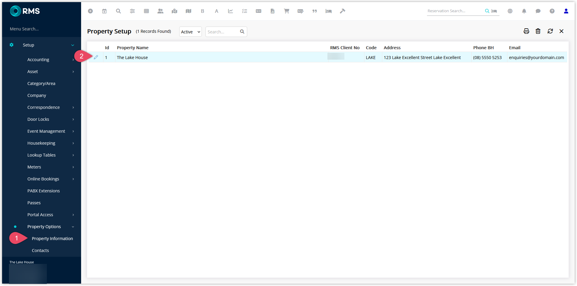 Property Information list in RMS under Setup > Property Options > Property Information, with an existing Property highlighted and the Edit icon selected.