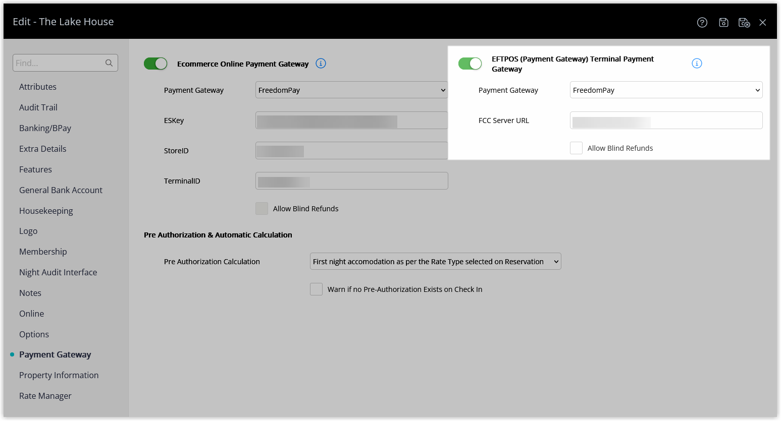 RMS Payment Gateway configuration screen displaying a note or link to complete EFTPOS terminal setup using FreedomPay’s FCC Integration for card‑not‑present transactions and tokenisation.