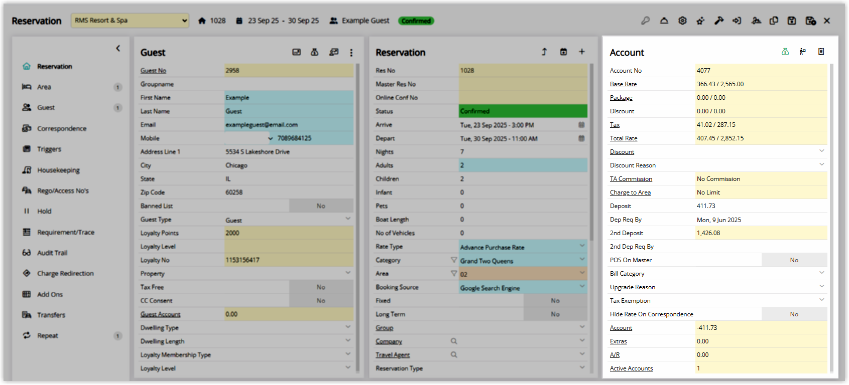 Screenshot of a Reservation screen in RMS for RMS Resort and Spa showing the Guest, Reservation and Account panels with account number 4077 and financial summary fields