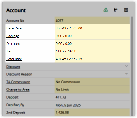 Screenshot of the Reservation Account panel in RMS showing fields from account number through to the second deposit amount