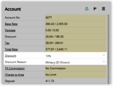 Screenshot of the Reservation Account panel in RMS showing a 10 percent discount applied with Military (ID Shown) as the discount reason
