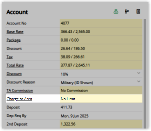 Screenshot of the Reservation Account panel in RMS showing the Charge to Area field set to No Limit