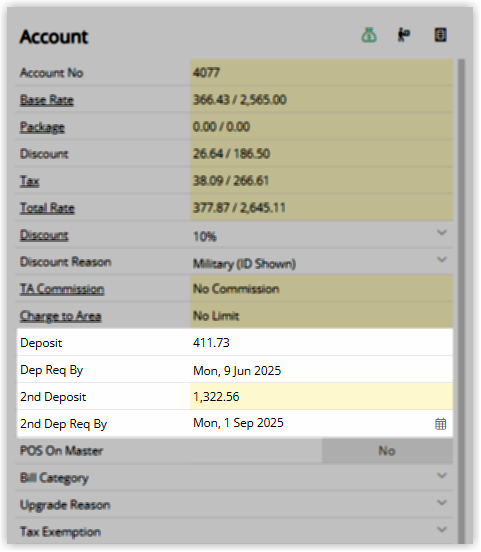 Screenshot of the Reservation Account panel in RMS showing the second deposit of 1,322.56 and the second deposit required by date of 1 September 2025