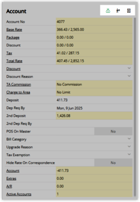 Screenshot of the Account panel in a Reservation screen in RMS showing account number 4077 with rate, deposit, billing and account balance fields