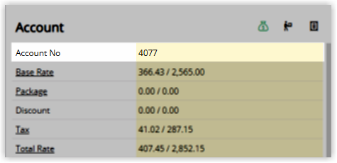 Screenshot of the top section of the Reservation Account panel in RMS showing account number 4077 with the Base Rate, Package, Discount, Tax and Total Rate fields