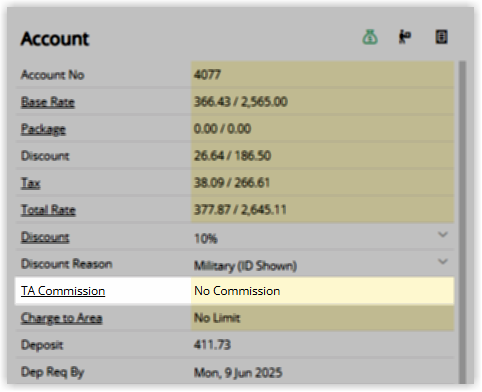 Screenshot of the Reservation Account panel in RMS showing the TA Commission field set to No Commission with a 10 percent military discount applied